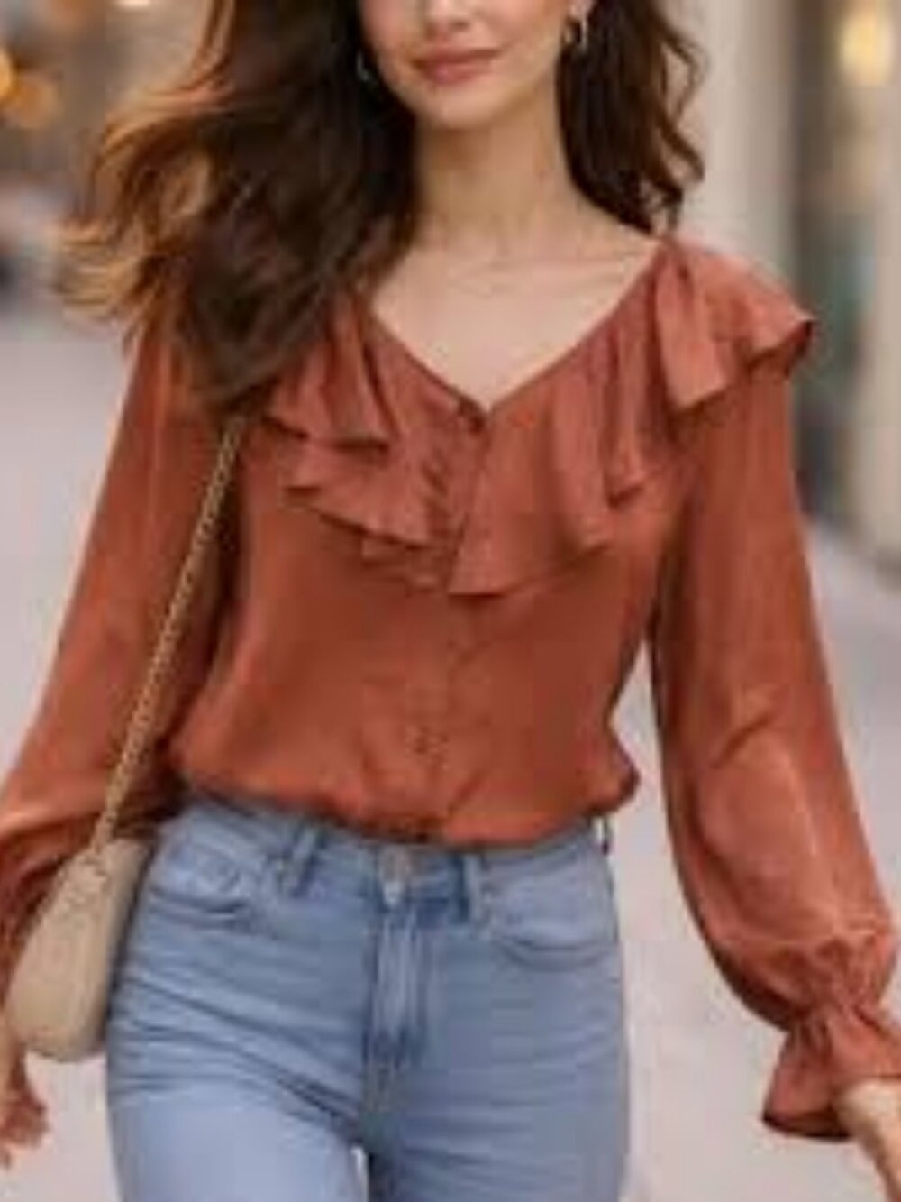 Adrian Jordan Vintage 100% Silk Peach Ruffle Collar Button Up Blouse Poet Sleeve
